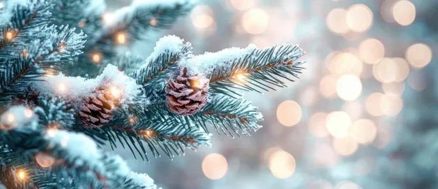 Snow-covered pine branch in focus with warm Christmas bokeh lights in the blurred winter background.