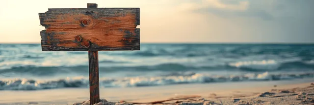 Weathered wooden beach sign with ocean waves and sandy shoreline background