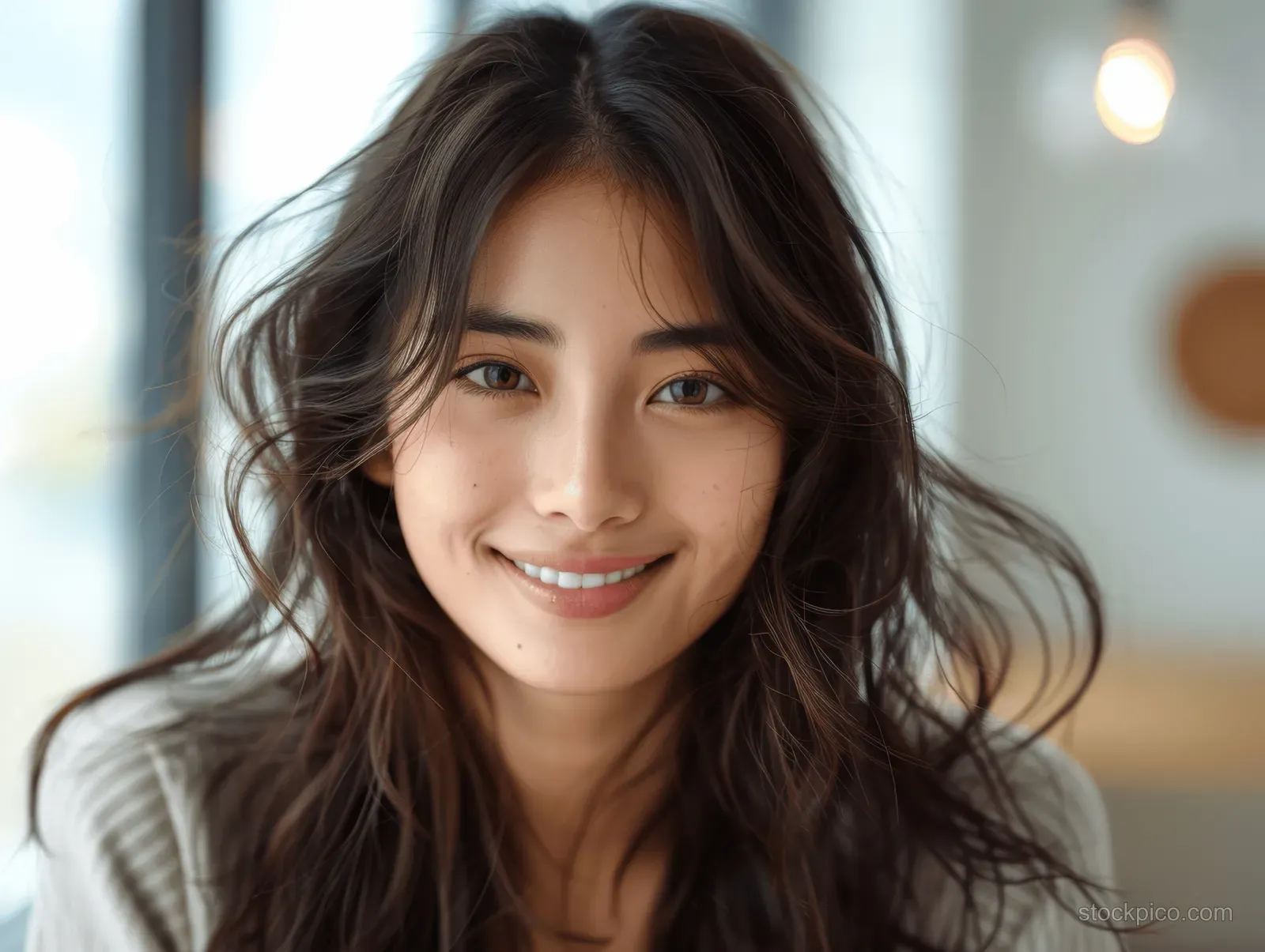 Smiling woman with long hair looking at the camera in a softly blurred indoor room with warm lights.