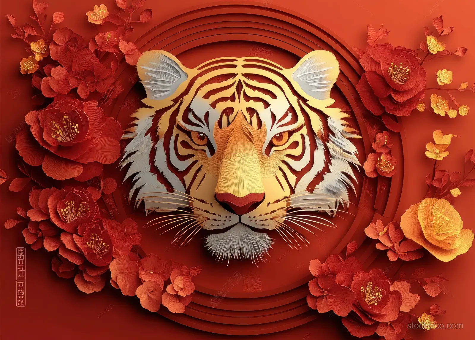 Tiger head illustration in layered red circles surrounded by plum blossoms and gold paper-cut accents.