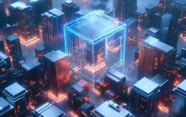 Aerial cyberpunk city scene with glowing geometric cubes and neon circuit lines connecting buildings.