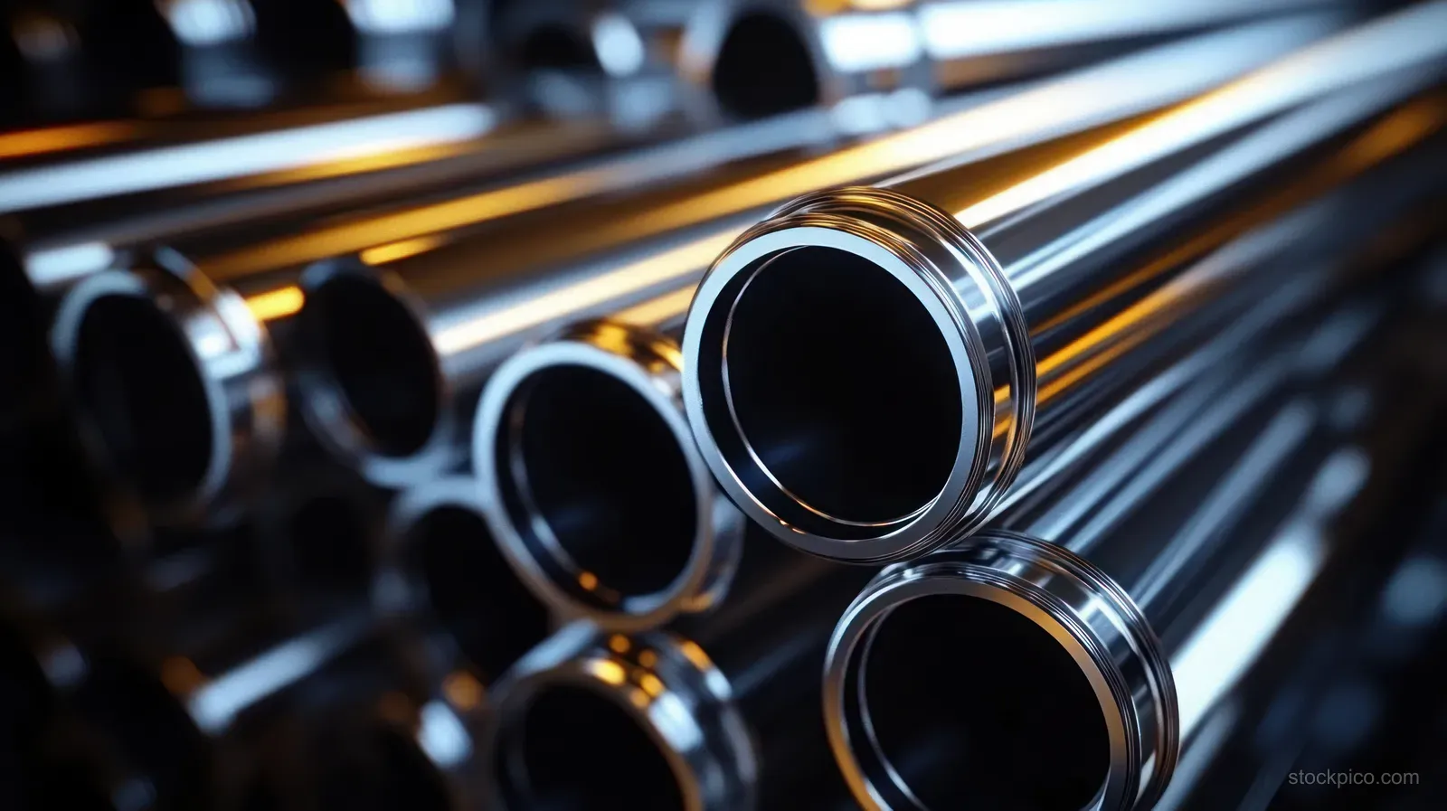 Polished steel tube ends stacked horizontally reflect warm light in a workshop-like setting.