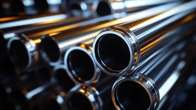 Close-up of polished steel tubes stacked horizontally, reflecting warm workshop light