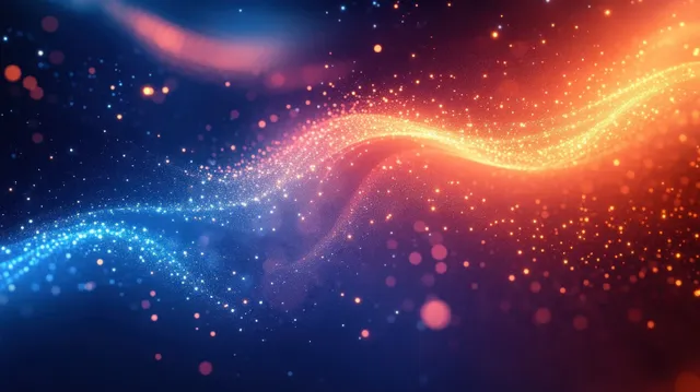 Glowing blue and orange particles form swirling wave ribbons across a dark background with sparkling light trails.