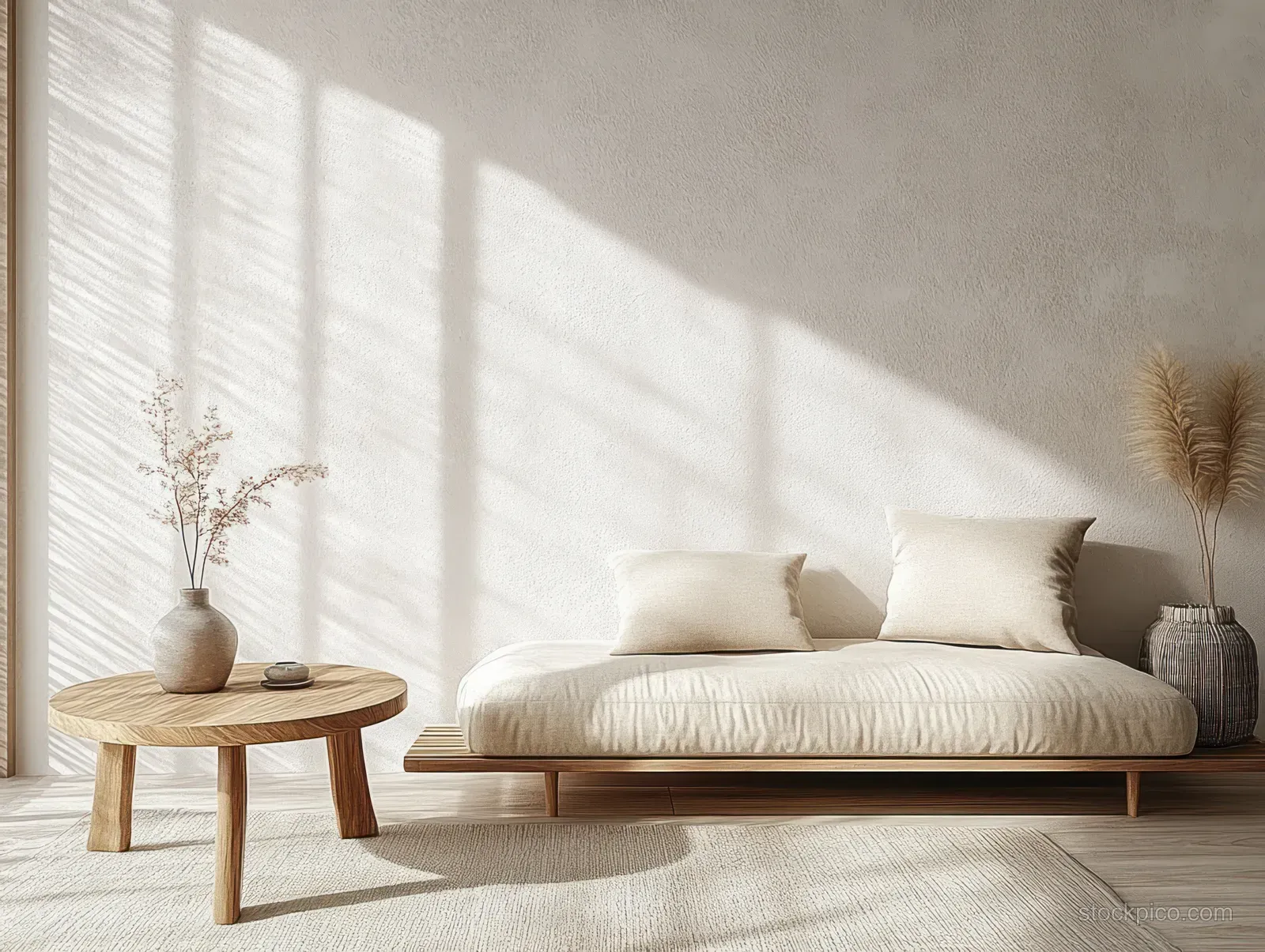 Beige sofa and wooden side table with dried grass decorations under soft sunlight in a minimalist living room.