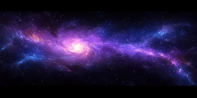 Impressionist cosmic nebula panorama with swirling galaxies, purple-blue glow, and starfield depth
