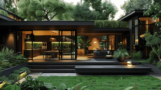 Modern black house with open-plan living area glowing at dusk beside wooden deck
