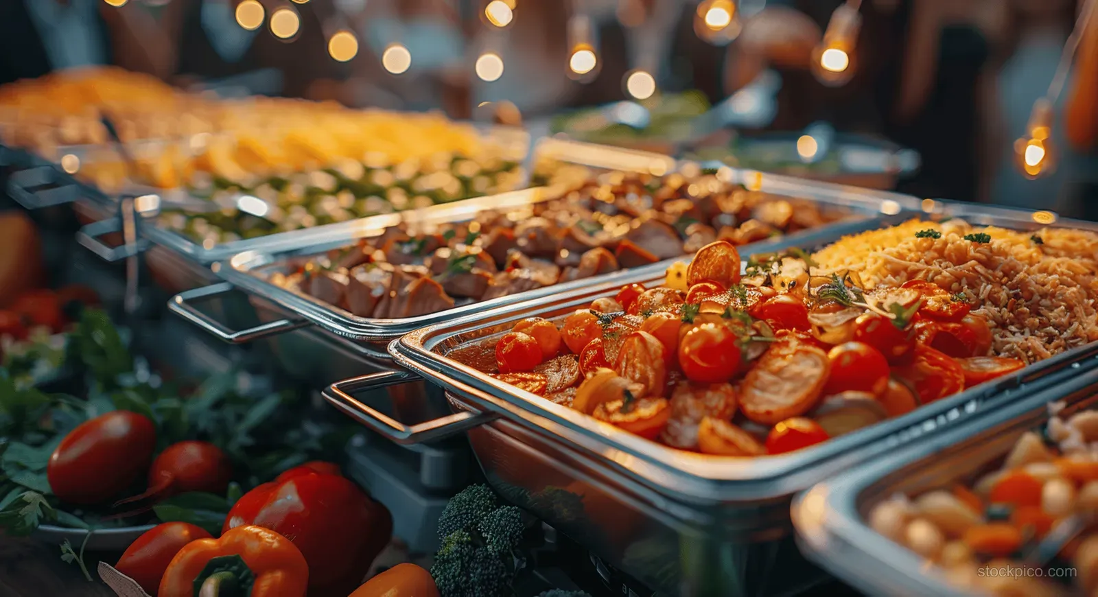 Grilled meat and vegetables sit in shiny metal chafing dishes on a wedding buffet table with warm lights behind.