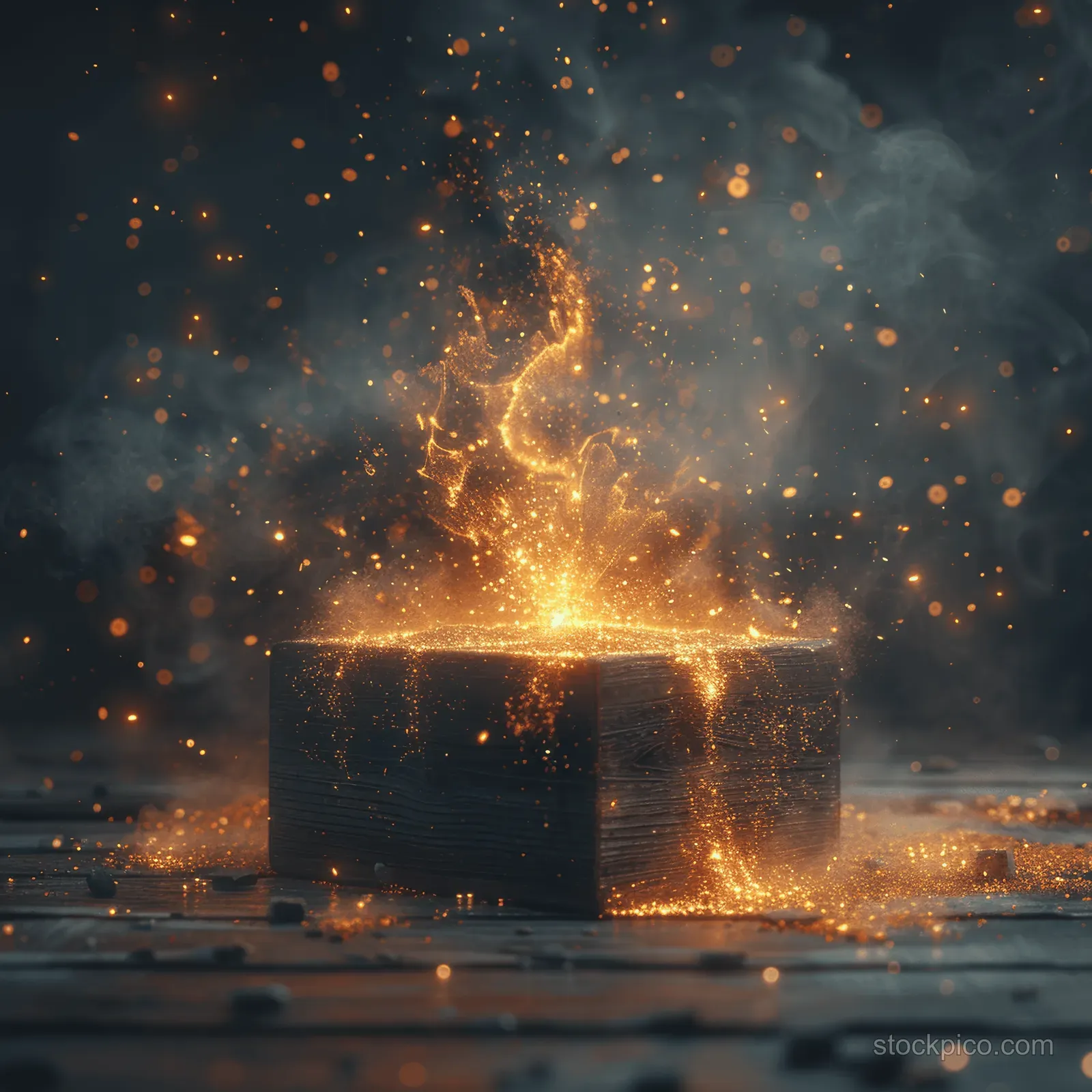 A glowing wooden box releases golden sparks and fiery particles into a smoky night scene.