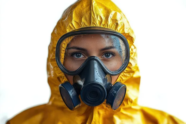 Person in a yellow hazmat suit and black gas mask with droplets, looking intensely toward the camera in a clean background.