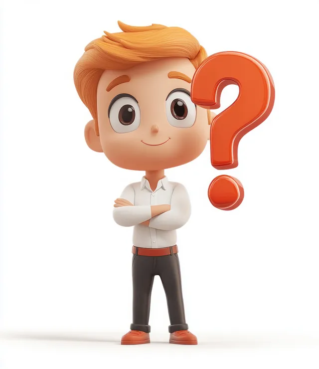 A 3D businessman in office pose thinking beside a large red question mark on a clean white background.