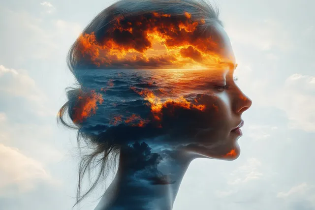 Serene woman’s profile with closed eyes blended over an ocean sunset and fiery orange clouds.