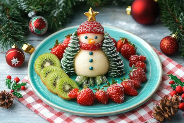 Fruit snowman centerpiece on a blue plate with kiwi slices and strawberries, framed by Christmas decorations.