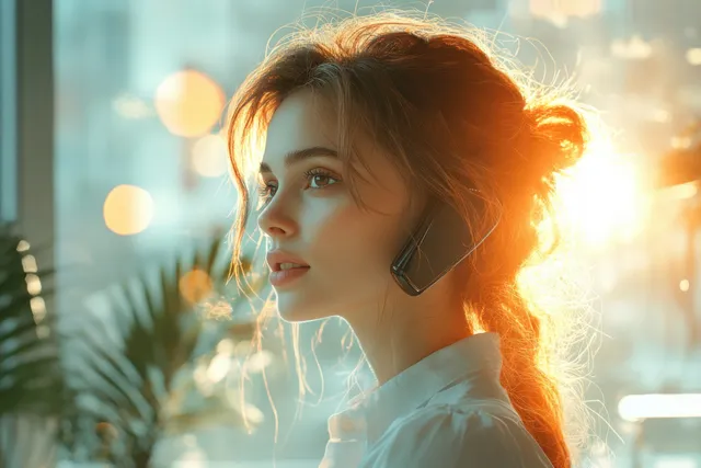Business woman wearing a headset speaks at a computer in a bright office with soft bokeh lights.