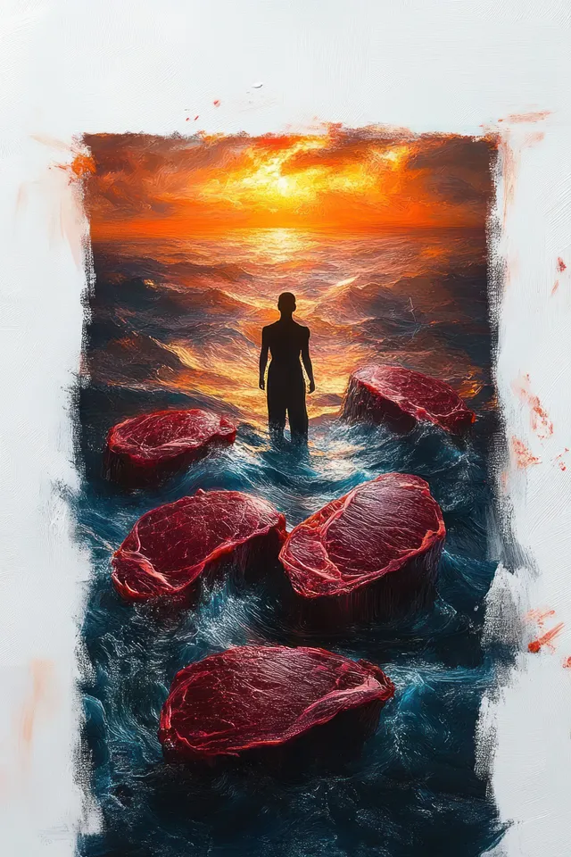 Silhouette of a person standing on ocean water with floating red meat steaks under an orange sunset sky.