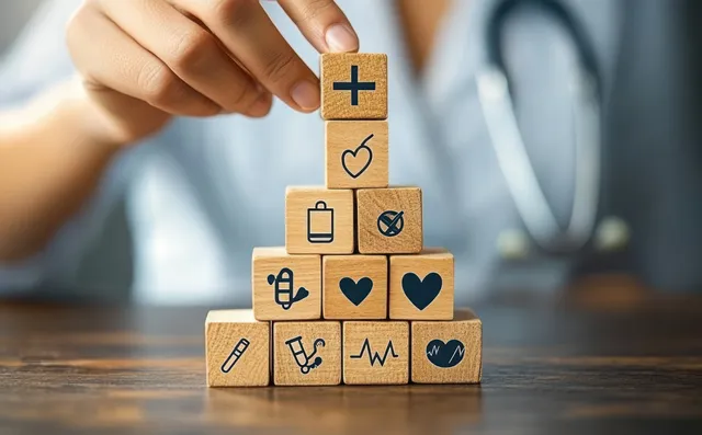 La mano de un médico coloca un icono médico de signo más sobre bloques apilados de madera de salud y seguro.