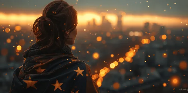 Woman wearing EU-themed jacket overlooks a glowing city skyline during sunrise with bokeh lights behind.