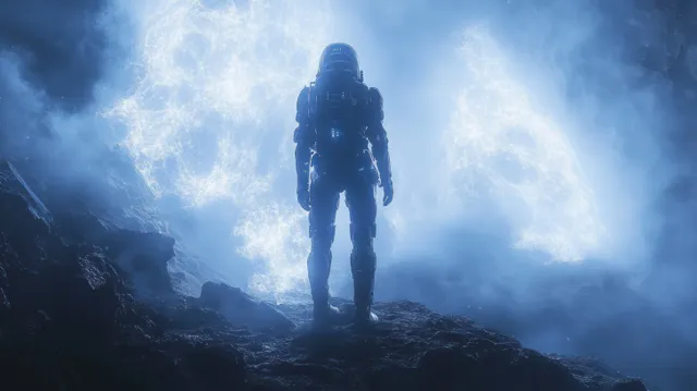 Futuristic robot stands on rocky ridge under blue ethereal lights and misty sci-fi sky