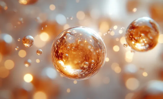 Translucent molecule droplet floats with glowing collagen-like particles in soft bokeh light