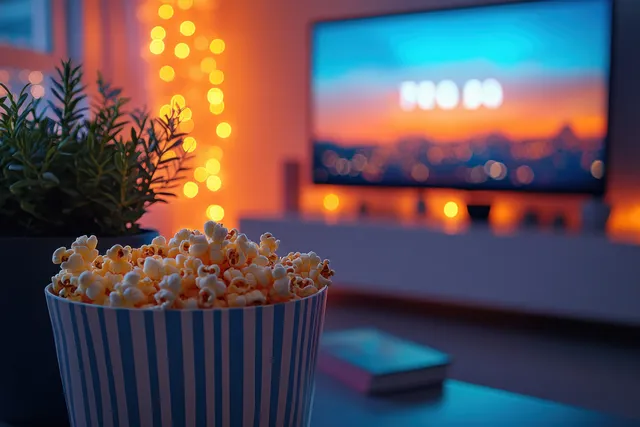 Popcorn bucket in cozy living room foreground with TV glow and remote on table