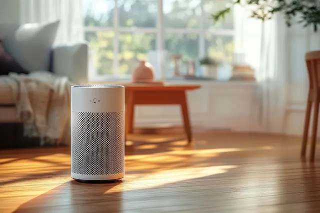 White cylindrical air purifier on a wooden floor in a sunlit living room with soft furniture and a window.
