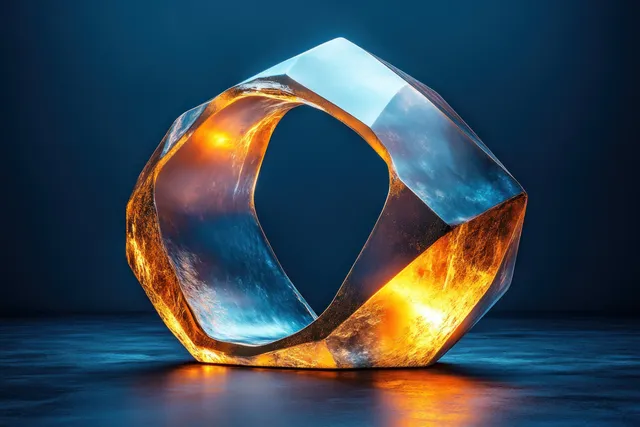 A golden dodecahedron with a blue core is displayed in a minimalist studio with cinematic lighting and an abstract composition.