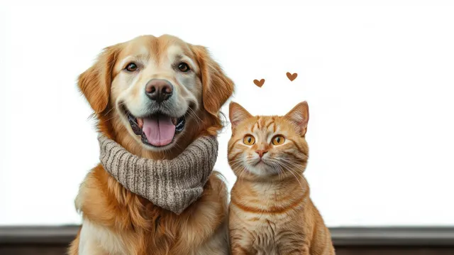 Golden retriever wearing a gray knitted scarf sits beside orange tabby cat, hearts above