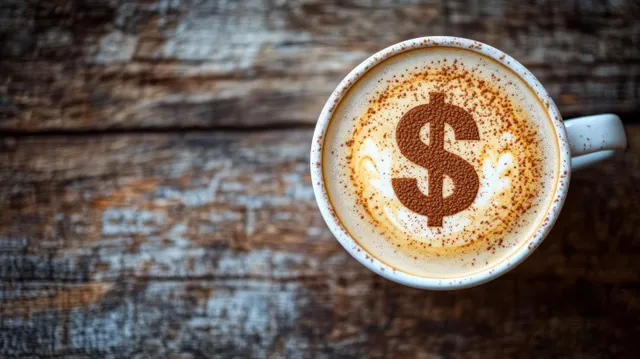 Top view of a latte cup with cocoa powder dollar sign latte art on a rustic wooden table.