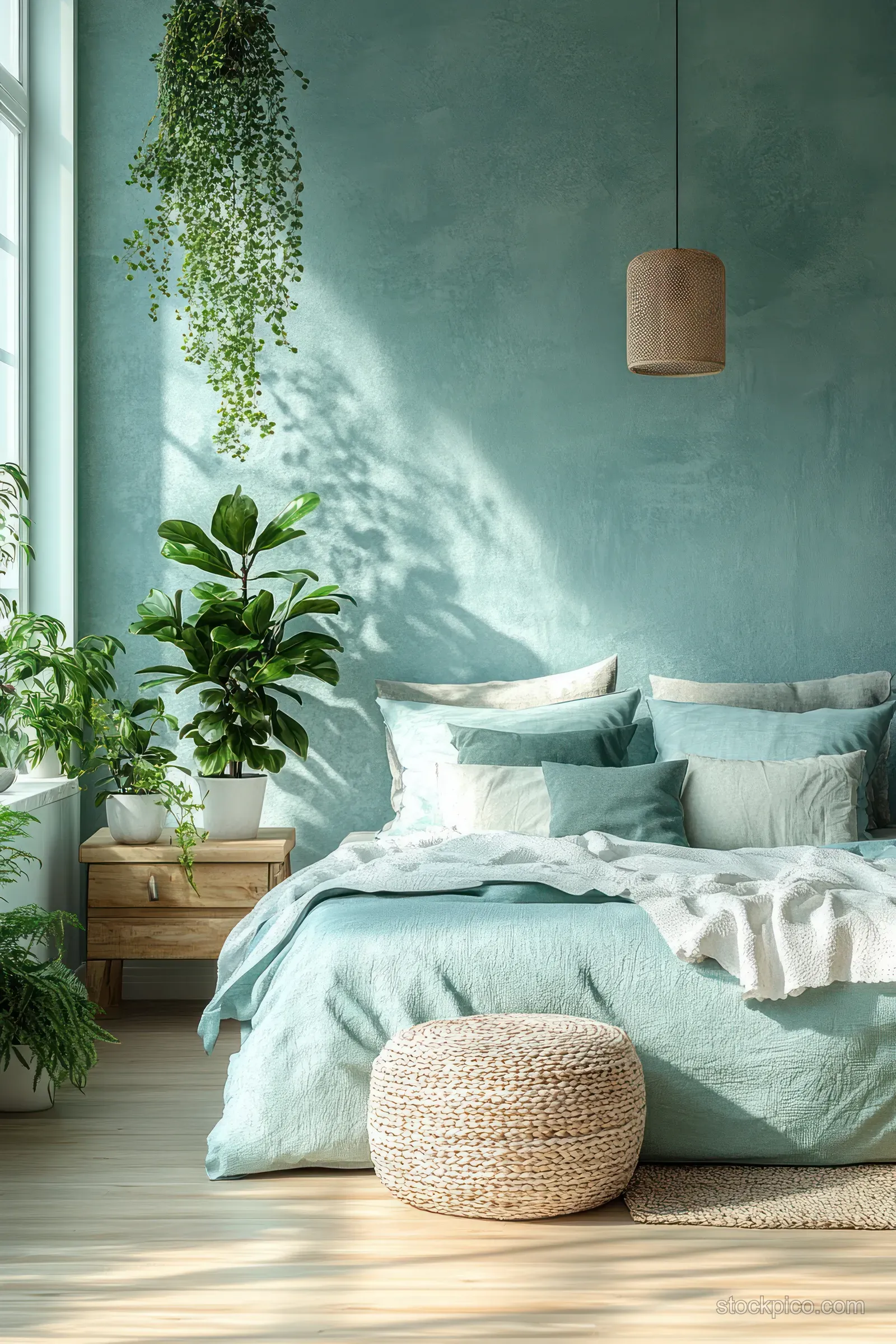 Minimal cozy bedroom with seafoam bed linens, potted plants, and soft natural window light.