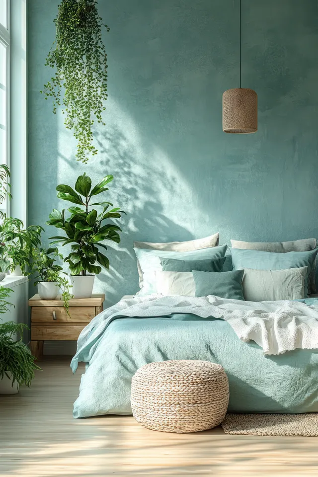 Minimal cozy bedroom with seafoam bed linens, potted plants, and soft natural window light.