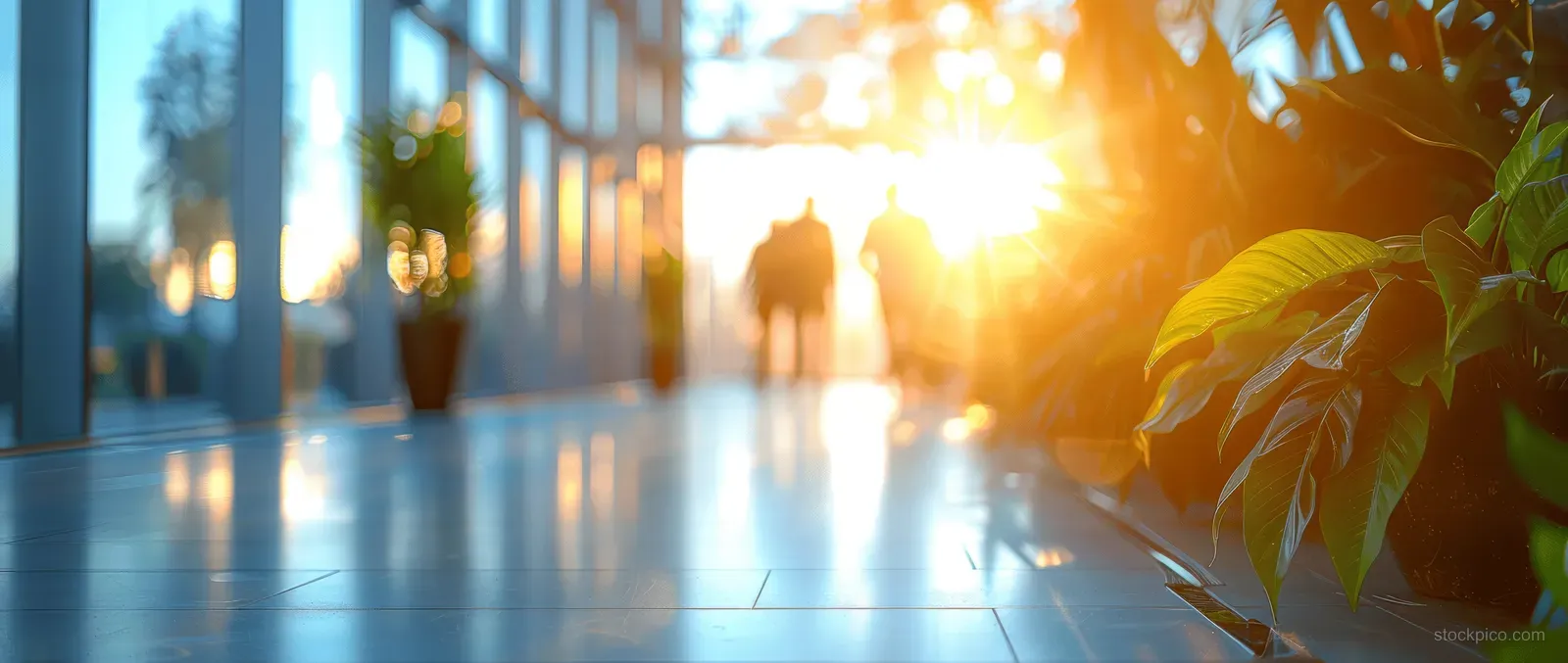 Sunrise illuminates a modern office lobby where blurred business people walk past glass walls and green plants.
