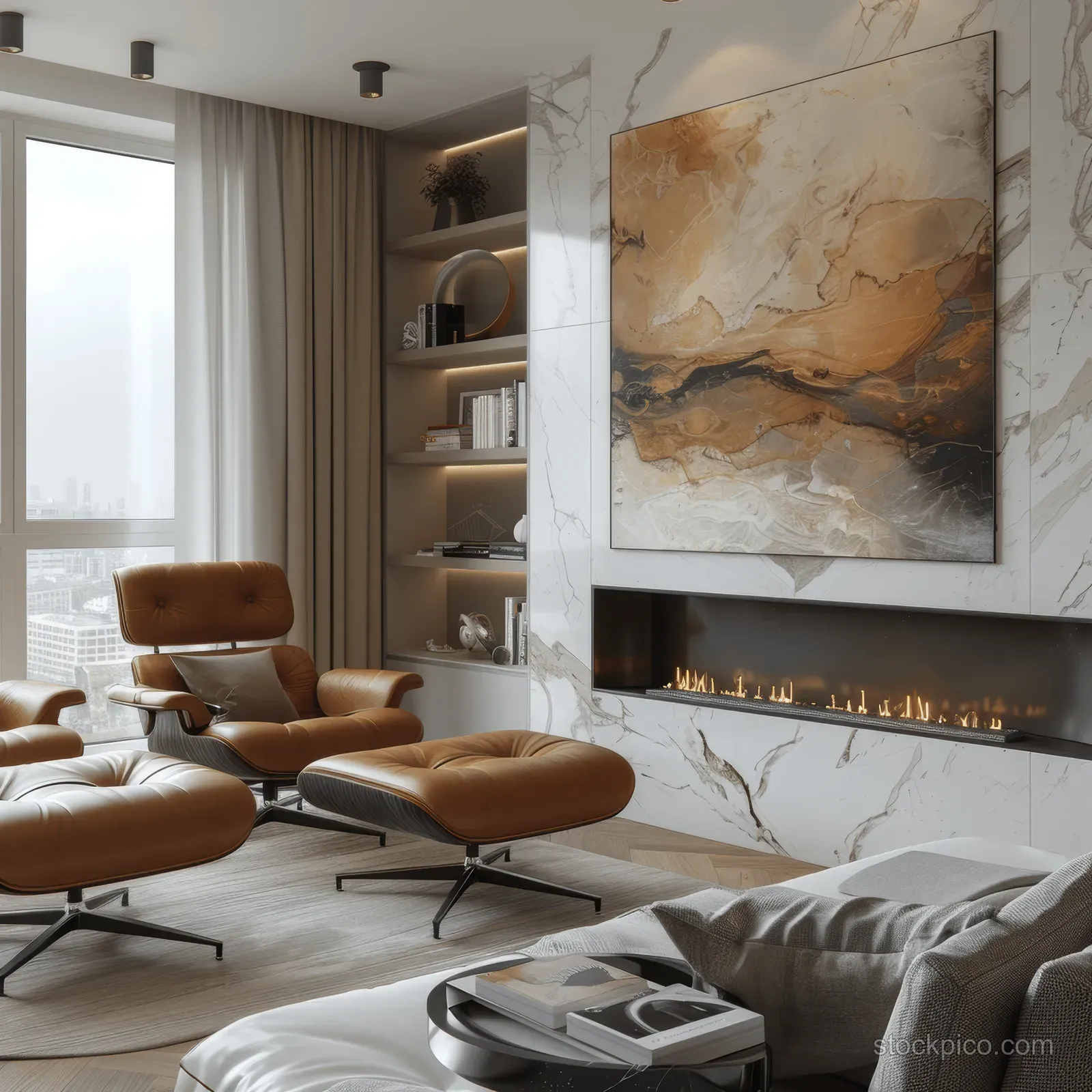 Bright minimalist living room with built-in fireplace shelves, leather lounge chairs, and abstract painting on white marble walls.