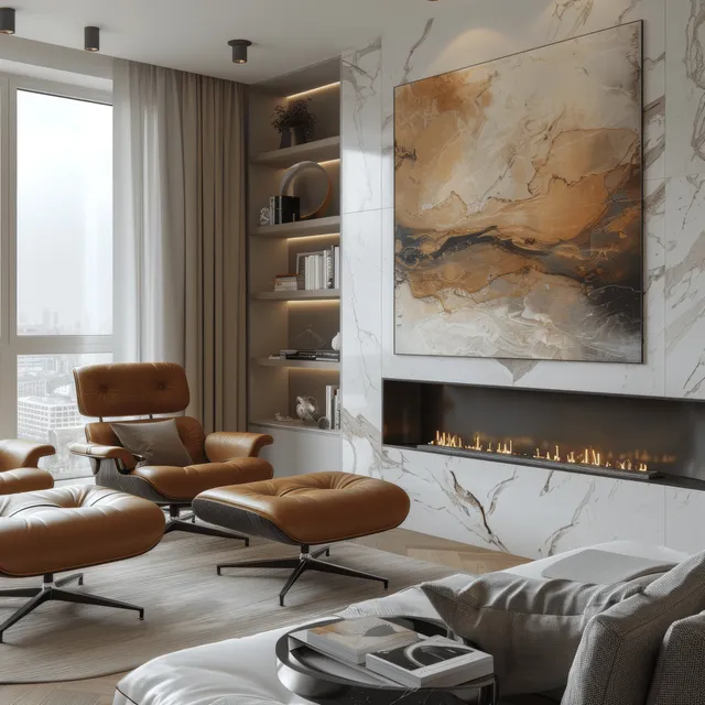 Bright minimalist living room with built-in fireplace shelves, leather lounge chairs, and abstract painting on white marble walls.