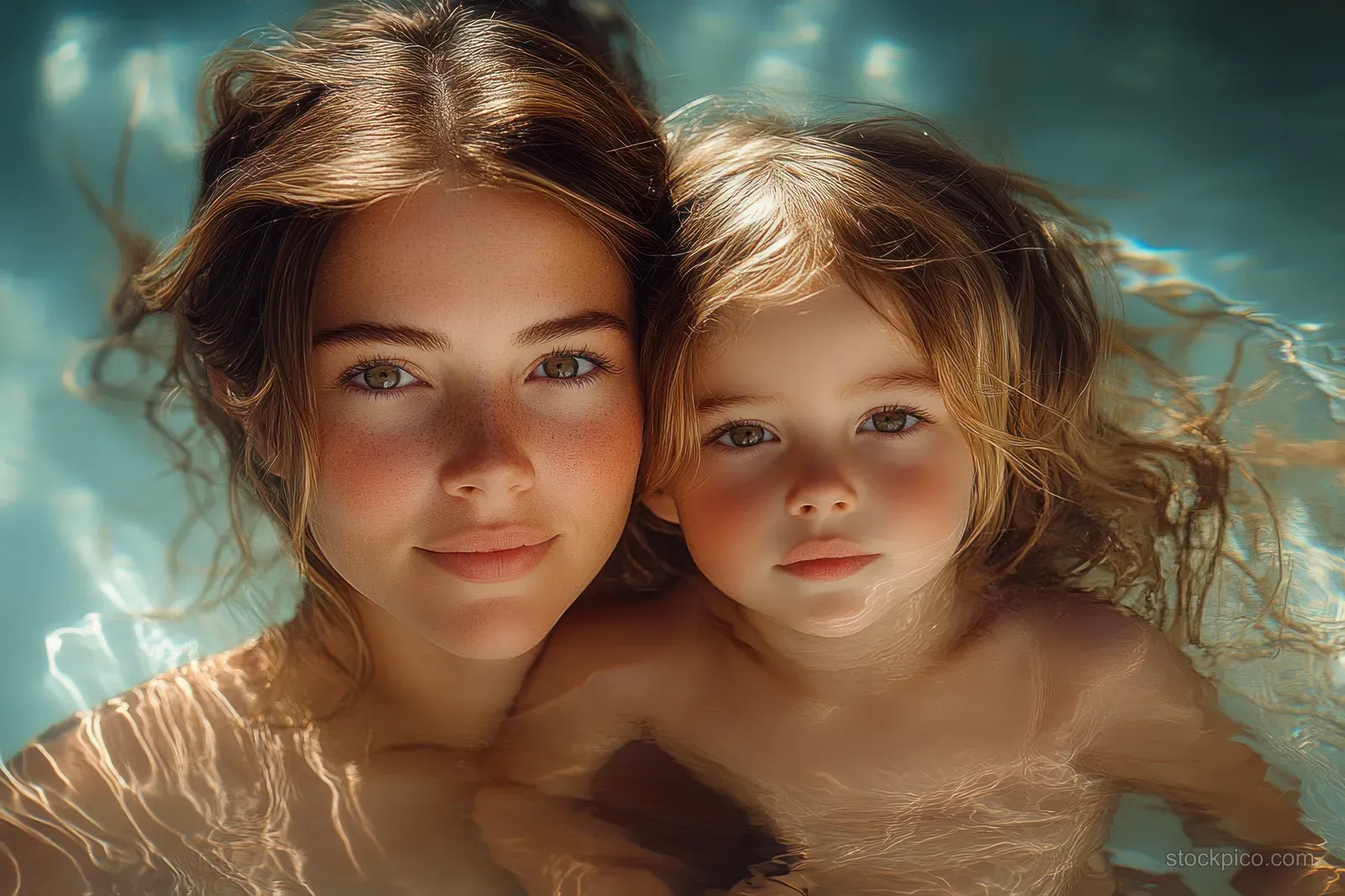 A mother and daughter sunbathe together beside a pool, smiling under warm sunlight.
