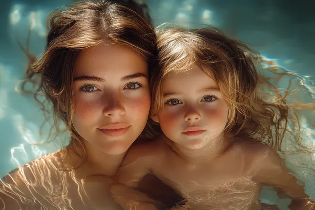 Mother and daughter sunbathe by a pool, warm sunlight and smiling close embrace