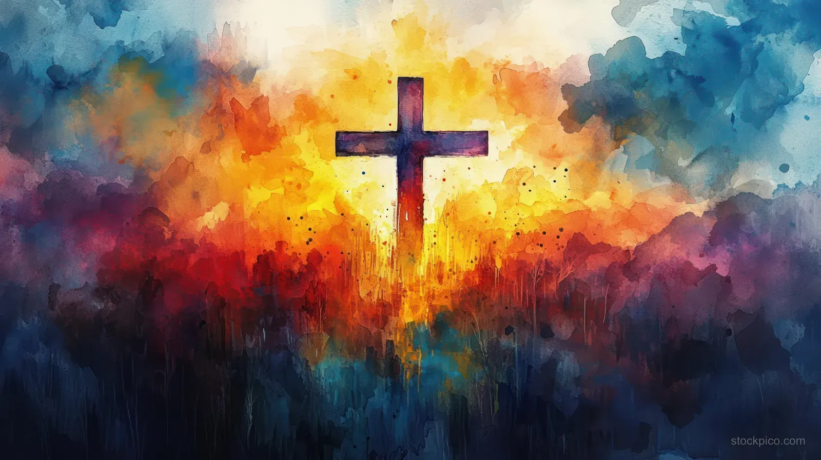 A glowing cross stands against a watercolor sky of orange, blue, and purple clouds.