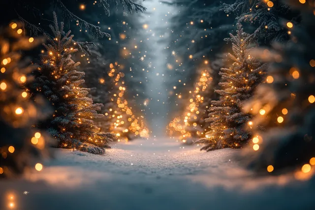 Snowy evergreen trees shine with warm fairy lights while blurred holiday bokeh lights fill the background.