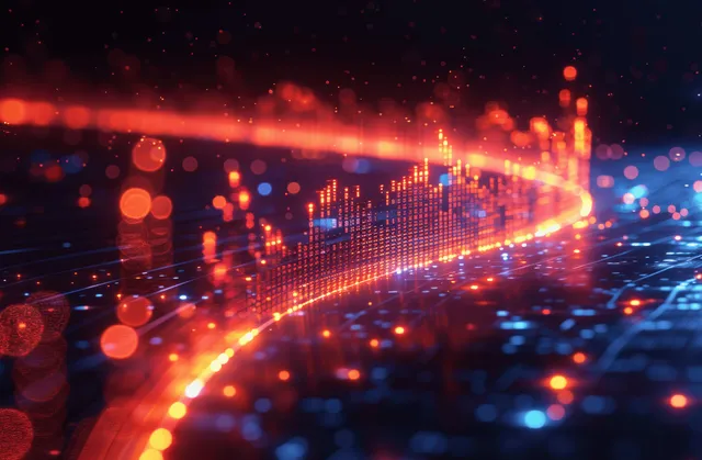 Glowing financial trading chart overlays a dark city of bokeh lights with red and blue data streaks.
