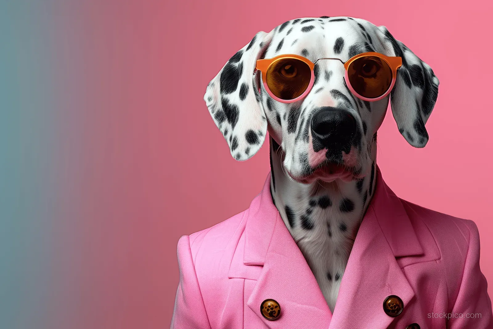 Dalmatian dog wearing a pink suit and sunglasses poses against a bright pastel pink background.