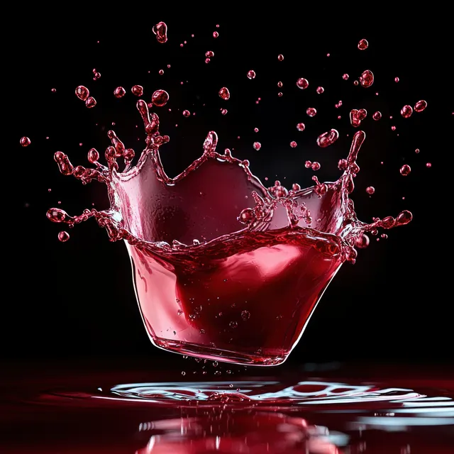 Vivid red liquid splash forms a crown with droplets flying over a dark reflective surface.