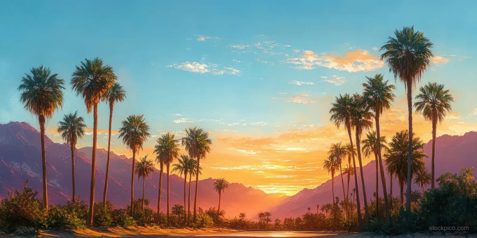 Tall palm trees line a desert road as mountains and a sunset sky glow in Palm Springs.