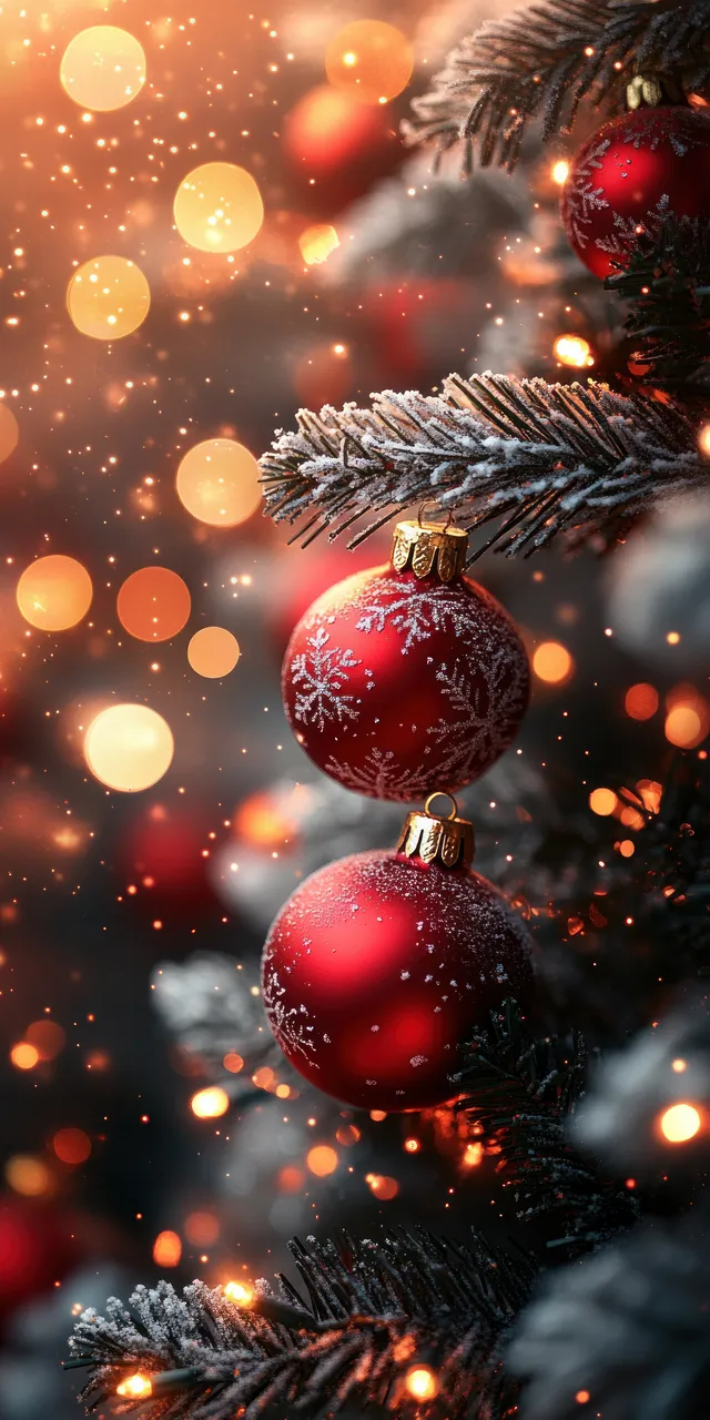 Close-up of red and white Christmas ornaments on a glowing tree with soft snowy bokeh lights behind them.