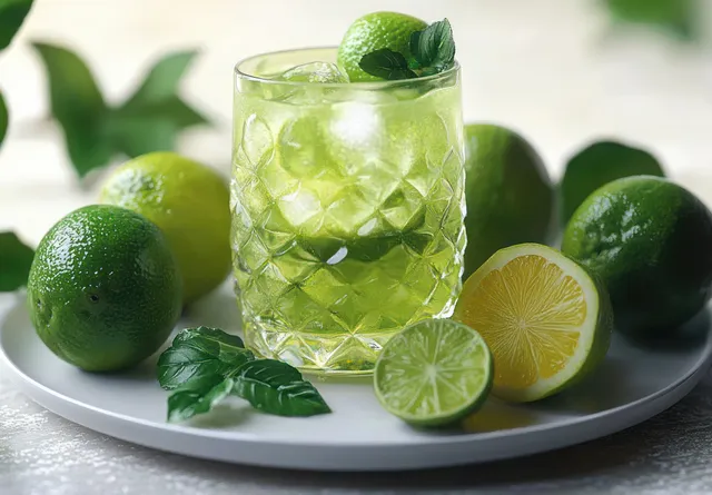 Lime green drink with ice cubes and mint leaves on a white plate beside whole and halved limes.