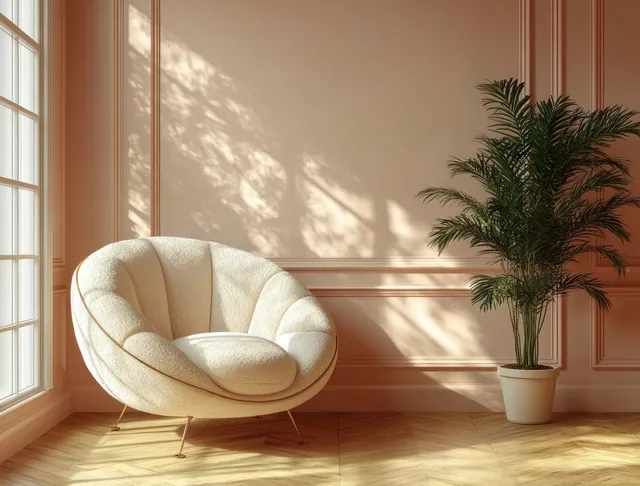 Cream vintage armchair beside a window with warm sunlight and a potted palm against decorative wall paneling.
