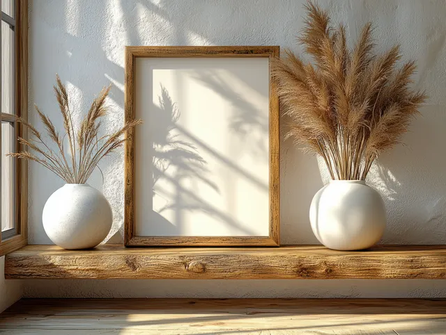 Empty wooden picture frame sits on a shelf beside two white vases with dried grass in sunlight shadows.
