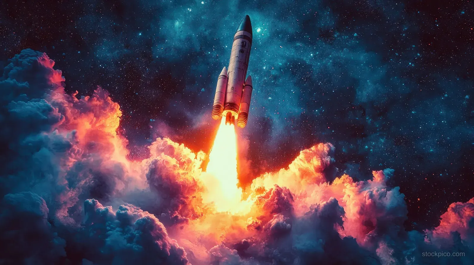 A rocket blasts upward through colorful smoke clouds beneath a starry night sky.