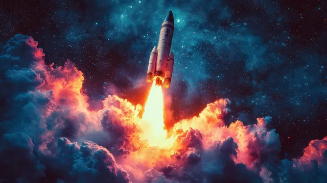 A rocket blasts upward through colorful smoke clouds beneath a starry night sky.