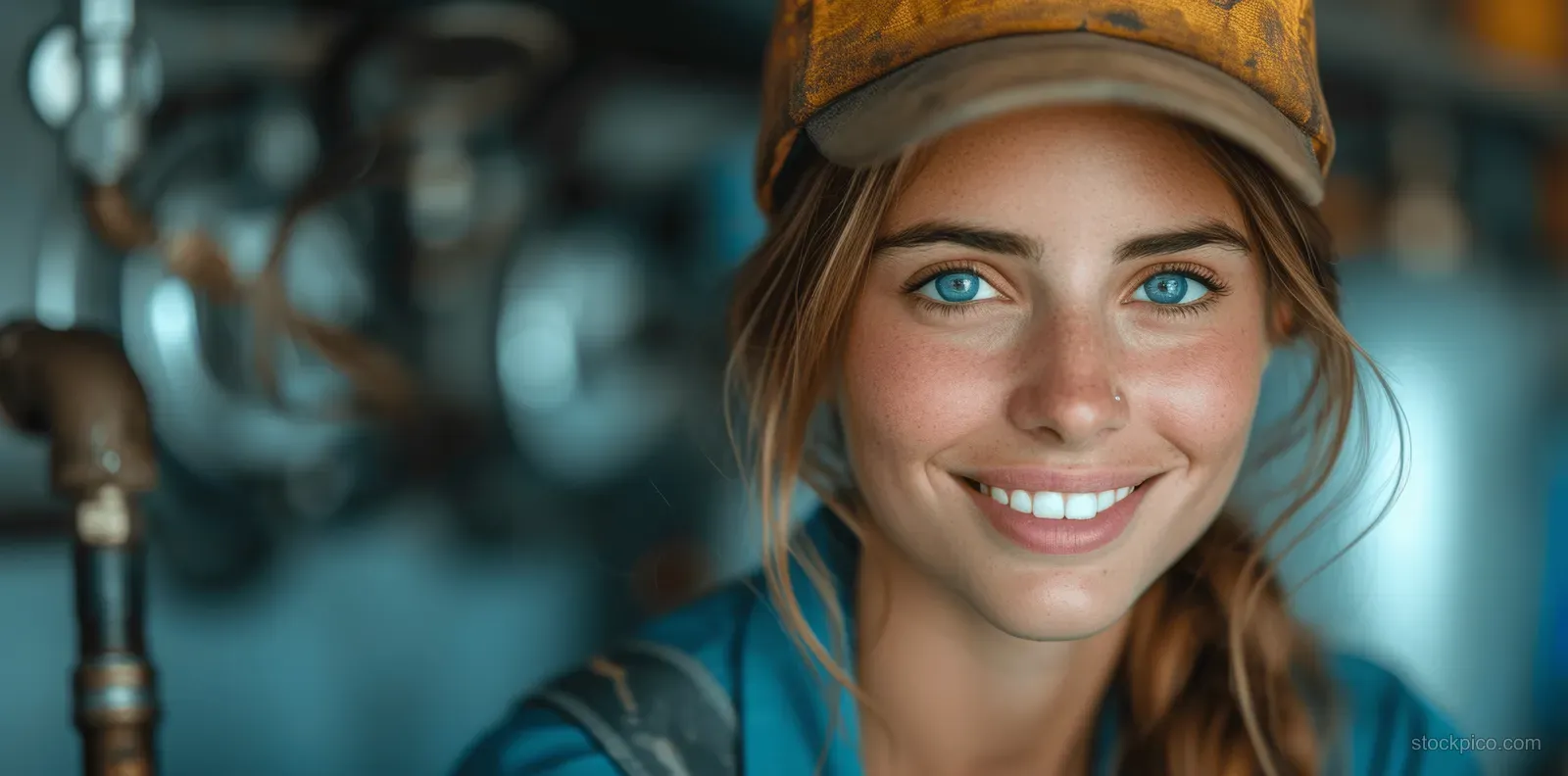 Smiling woman in plumber uniform with helmet in a home basement beside exposed water pipes.