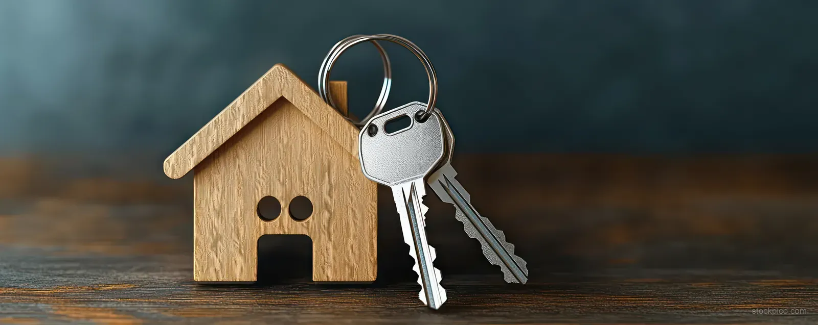 House keychain and silver keys on a wooden table with a blurred background suggesting real estate ownership.