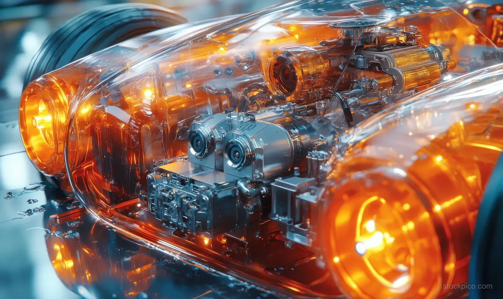 Cutaway view of a hydrogen car undercarriage showing fuel cell and drivetrain components with glowing orange details.